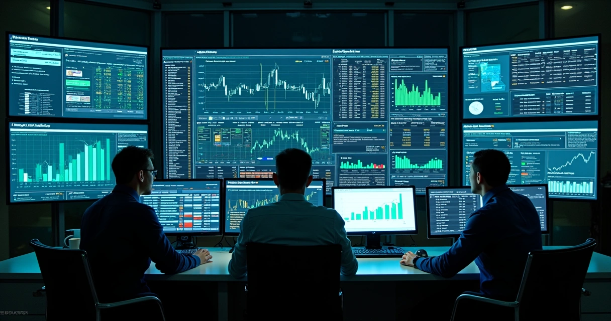 Modern finance control room with screens, charts, and AI interfaces 