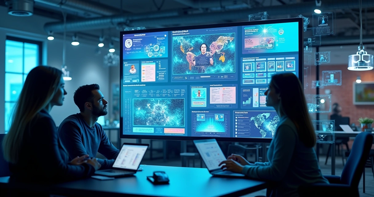 Marketing team creating AI-generated video ads on a large digital dashboard with multiple video and image previews 