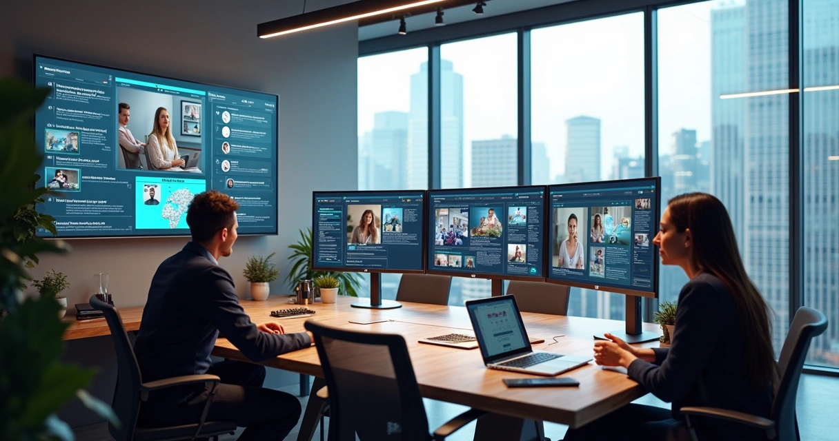 Marketing team using AI platform on multiple screens to create video ads with text, images, and AI actors 