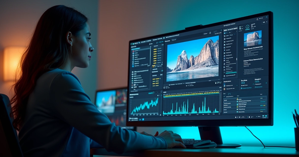 Marketing team using AI platform to create video ads on a computer screen with video timelines and analytics 