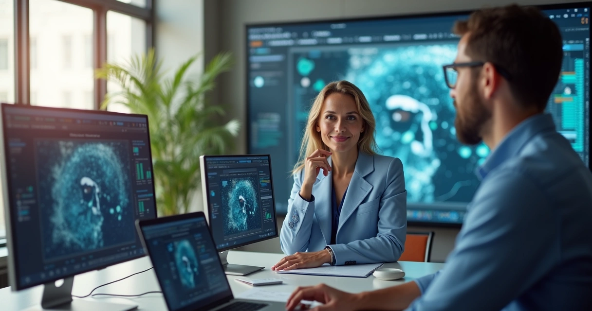 Marketing team creating AI-generated video ads on multiple digital devices in bright modern office 