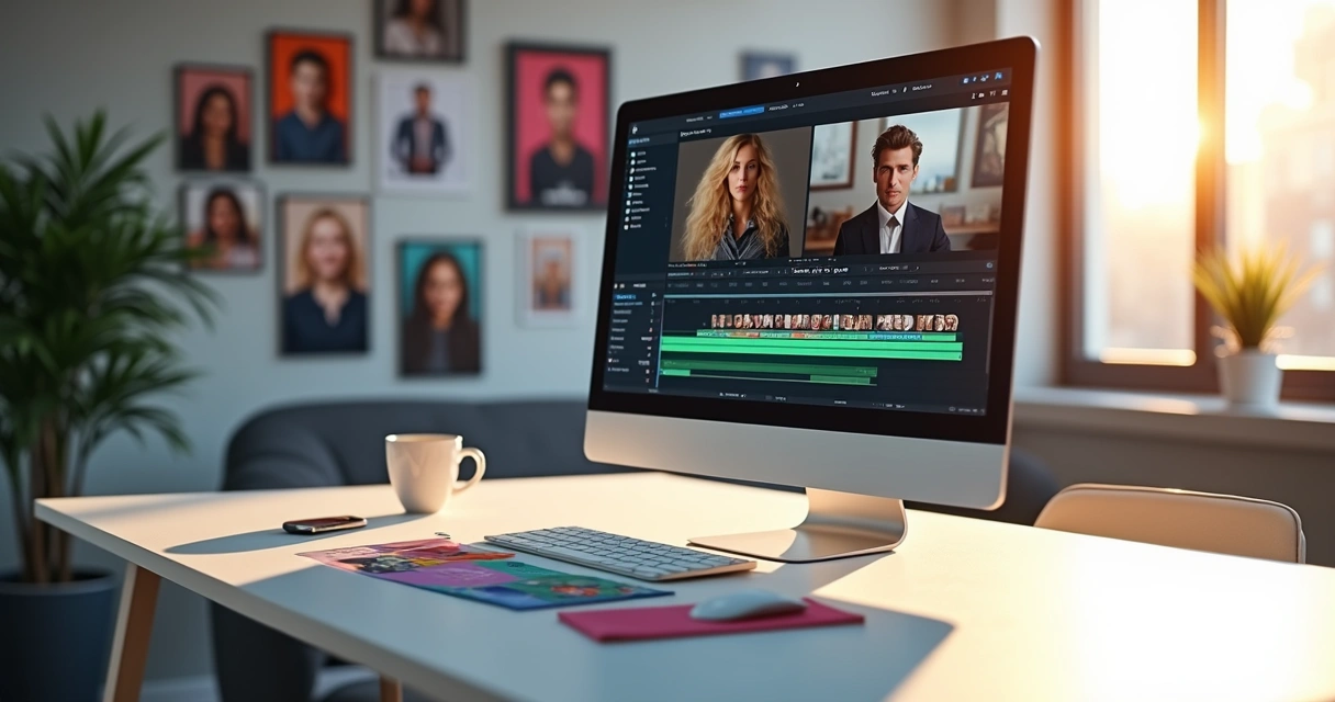 AI video ad production process with a computer, storyboard, and virtual actors 