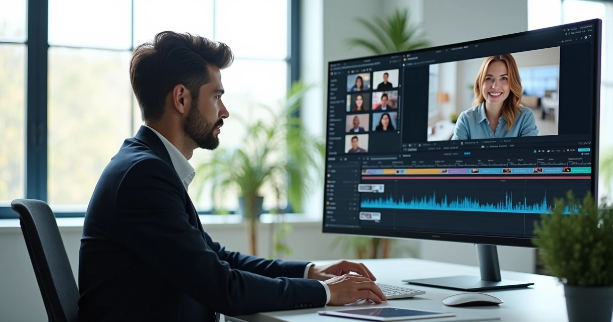 Marketing professional customizing AI-generated video ad on a high-resolution computer screen 