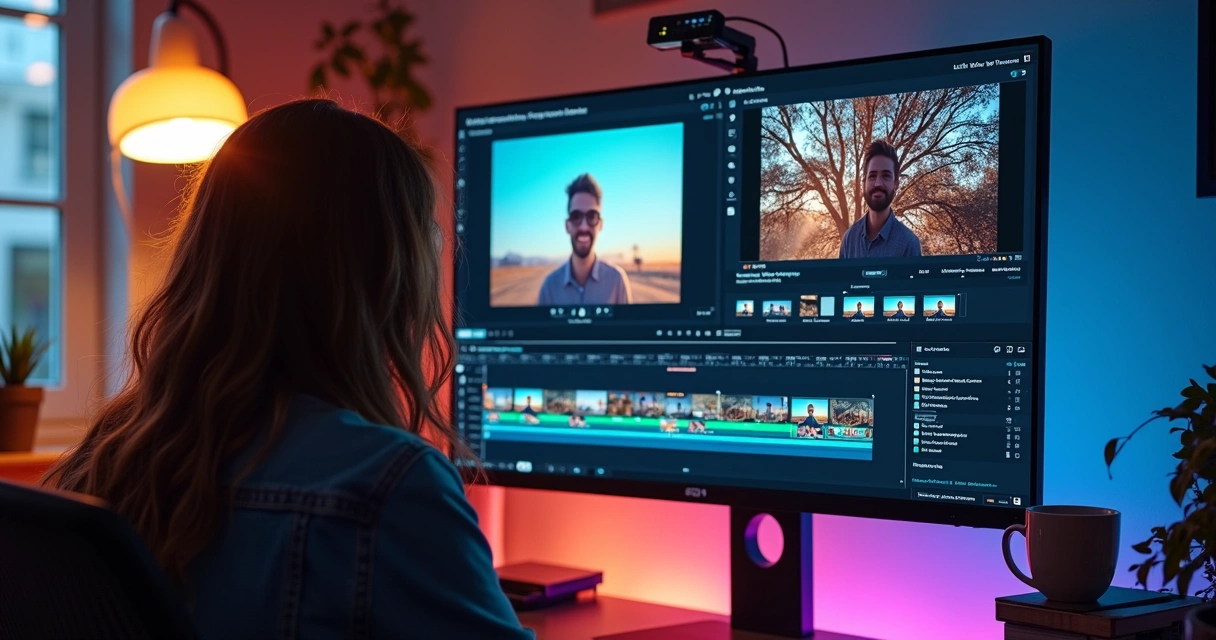 A designer’s computer screen showing an AI video editor with dynamic subtitles, video timeline, facial recognition markers, and suggested hashtags. 