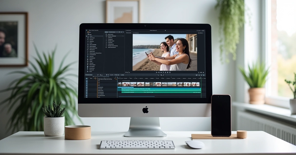 Video editor at computer with software interface showing segmented clips, timeline, and subtitles. 