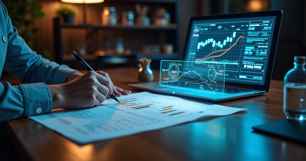 Human trader and AI interface comparing commodity hedge timing on desk 