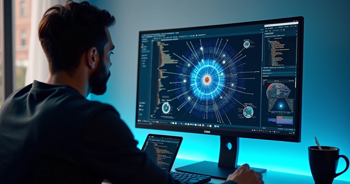 Web developer integrating AI technology on a modern screen 