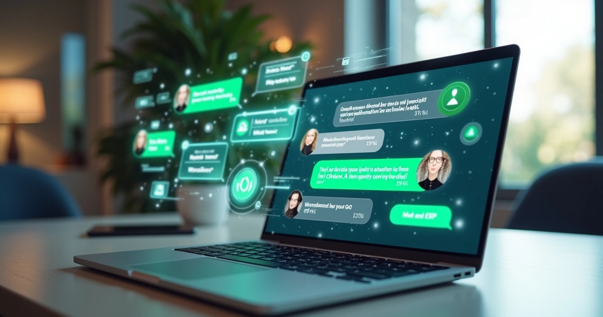 Modern workspace with a laptop showing a WhatsApp chat interface automated by AI chatbot with multiple chat bubbles and data charts on screen 