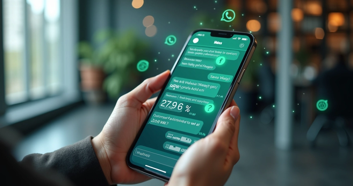 Smartphone screen showing WhatsApp chat with AI assistant automating sales and customer service 