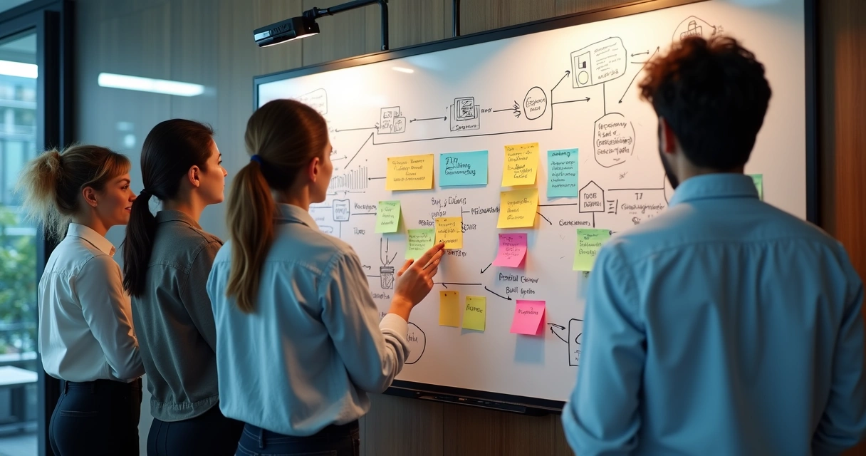 Employees brainstorming artificial intelligence ideas during a workshop 