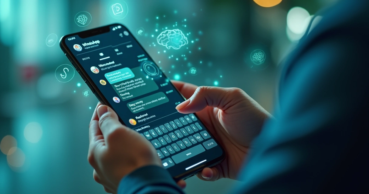 Close-up of a smartphone screen showing a WhatsApp chat interface with AI-powered quick reply suggestions and icons representing machine learning and natural language processing 