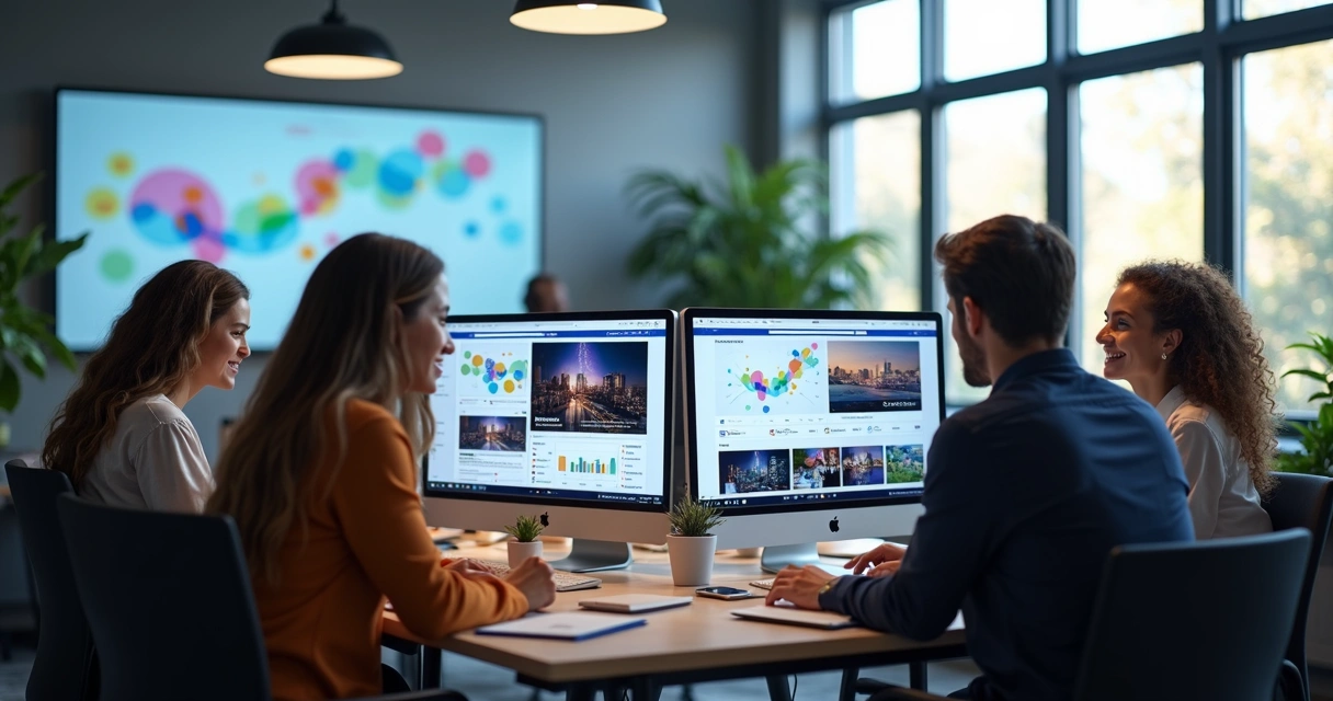 Marketing team using AI platform to create Facebook ad creatives on computers in a modern office 