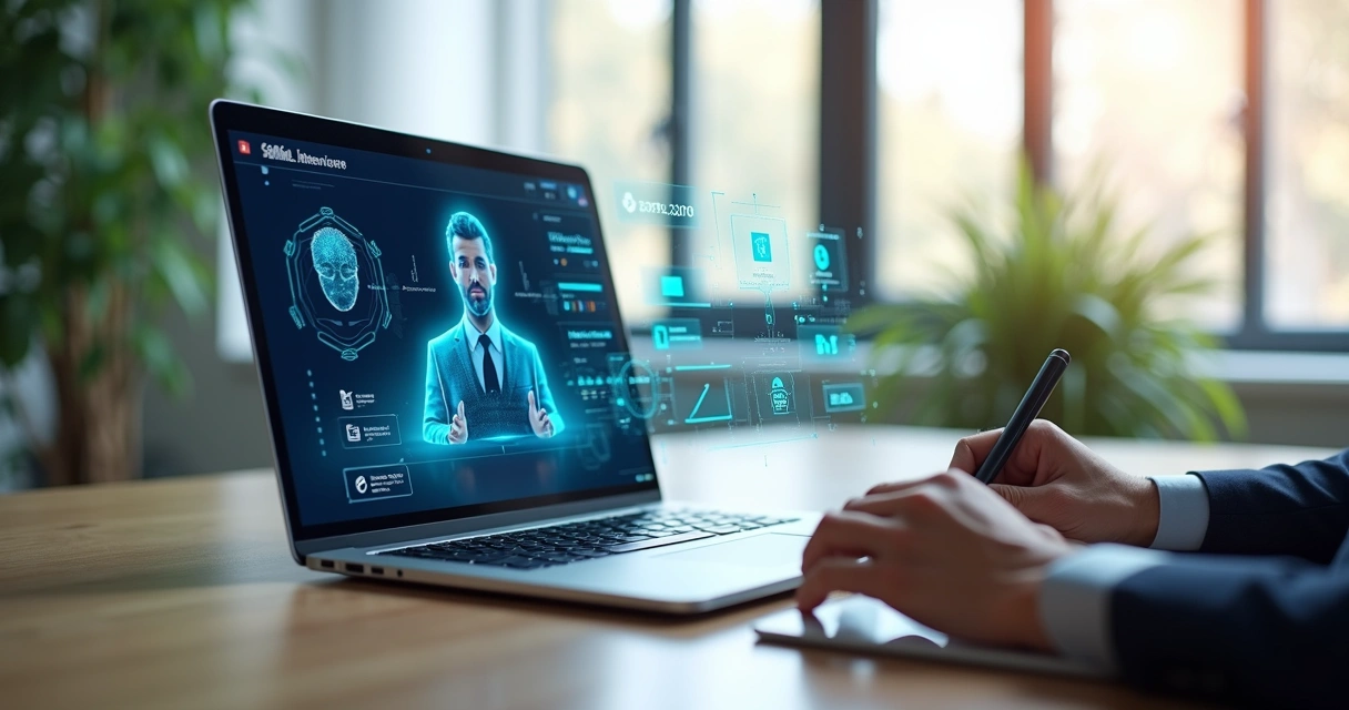 AI assistant conducting a remote job interview on a laptop screen 