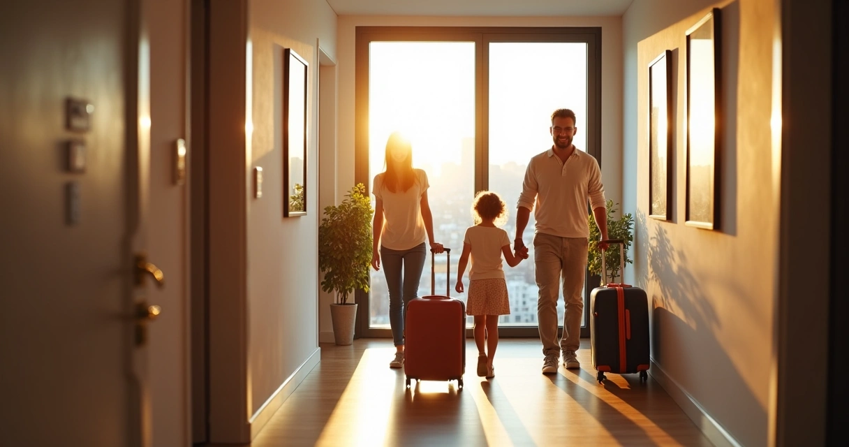 Família chegando em apartamento de temporada em cidade grande 