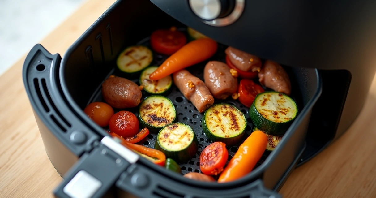 Vista superior de uma cesta de air fryer cheia de legumes coloridos e carne grelhada 