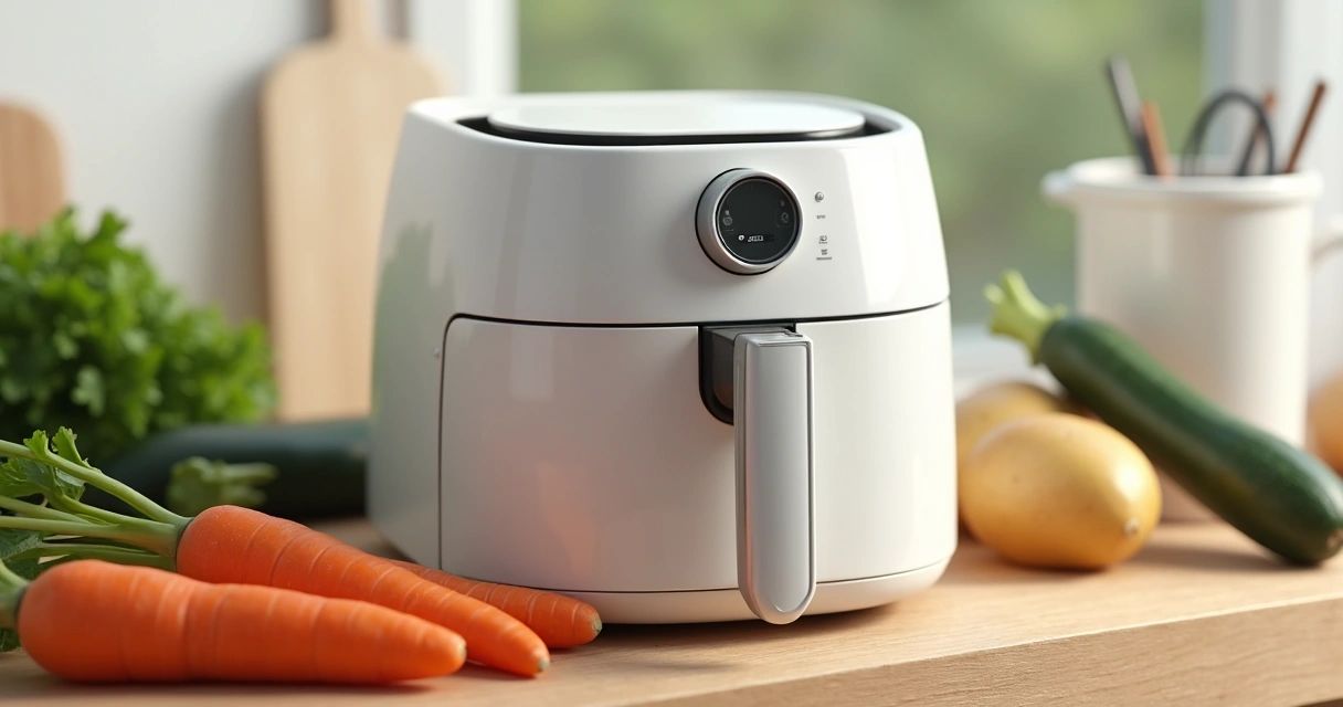 Air fryer branca básica ao lado de legumes crus 