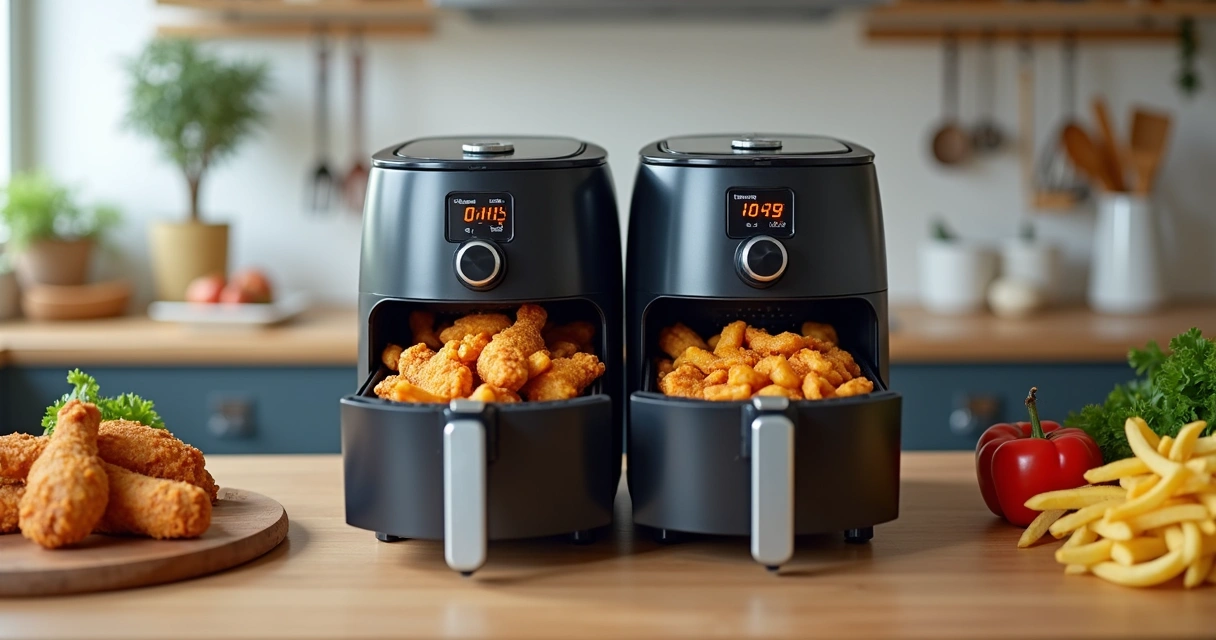 Air fryer de cesto duplo aberta com dois tipos de alimento 