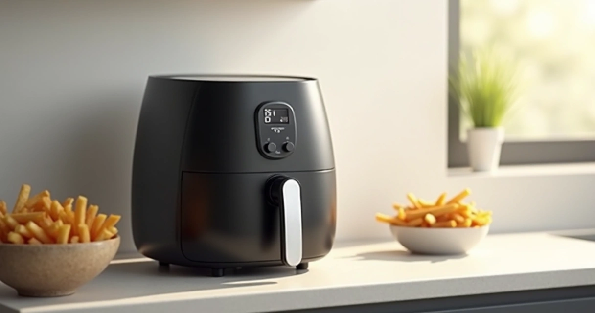 Air fryer compacta preta sobre bancada pequena 