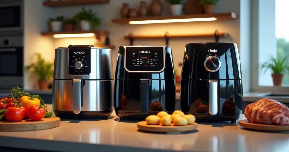 Airfryer sobre bancada de cozinha com ingredientes ao lado 