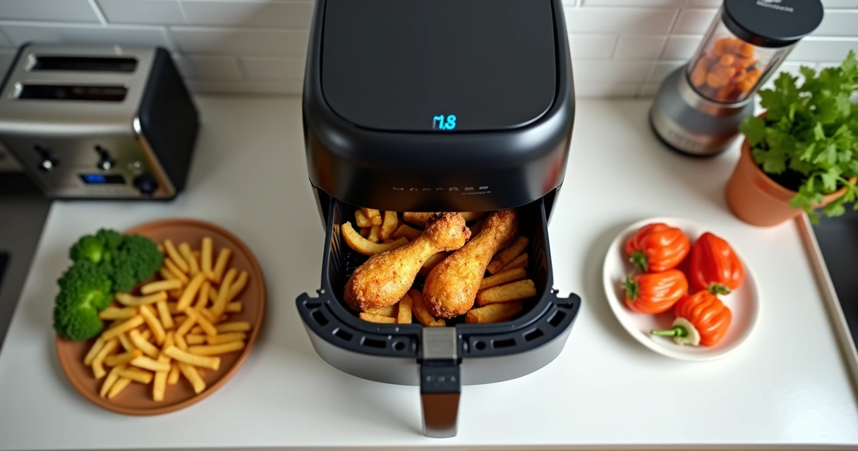 Airfryer aberta com alimentos na cesta, eletrodomésticos e alimentos ao redor 