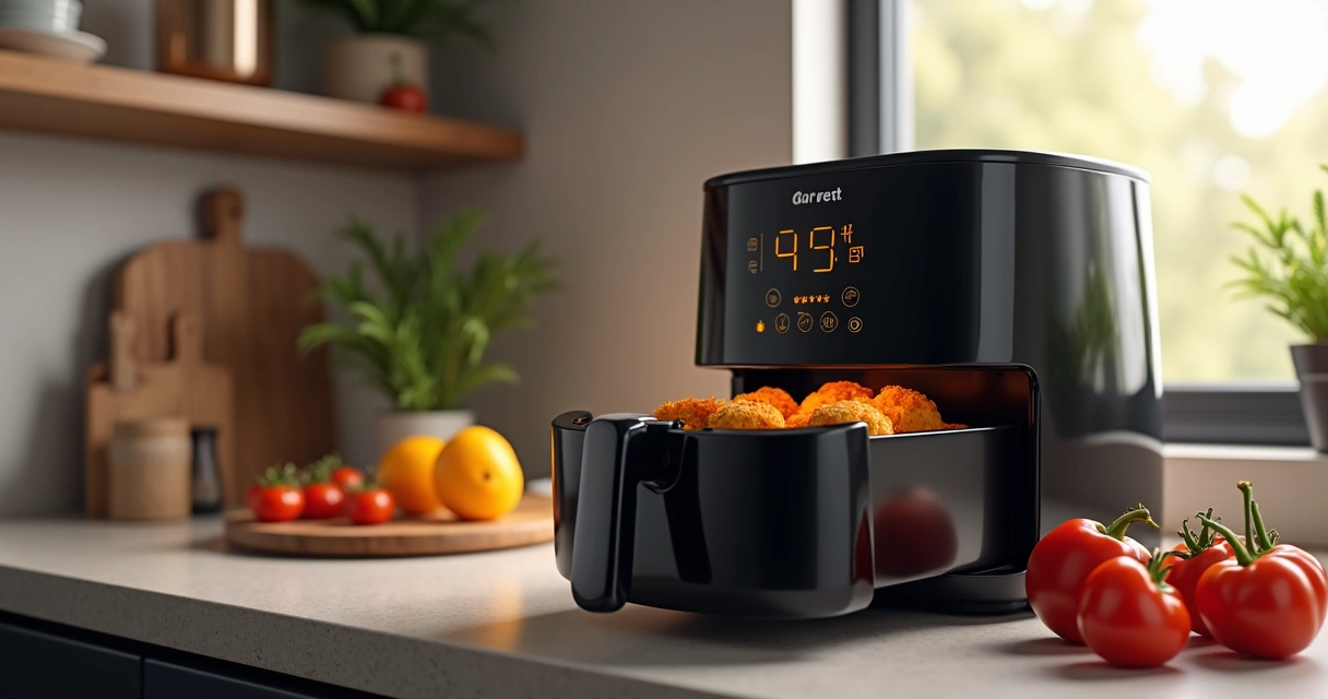 Fritadeira airfryer digital preta de 5,5 litros em balcão de cozinha 
