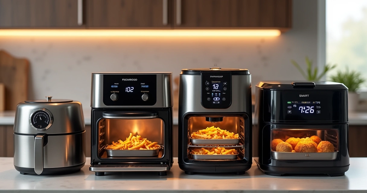Vários modelos de airfryer de diferentes tamanhos em bancada 
