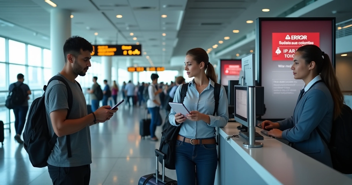 Passenger at airport check-in counter facing system failure on airline screen 