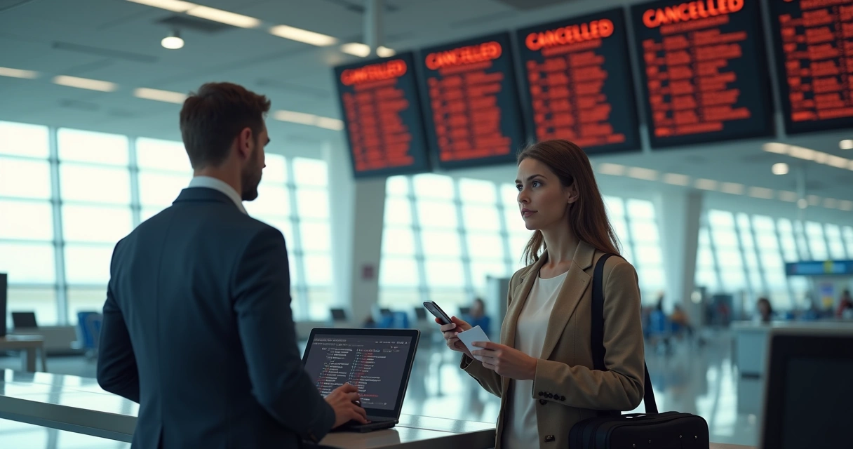 Passenger discussing flight cancellation with airline customer service at airport counter 