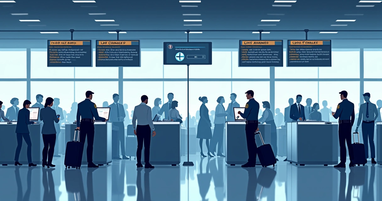 Airport security checkpoint with ICE officer checking documents 