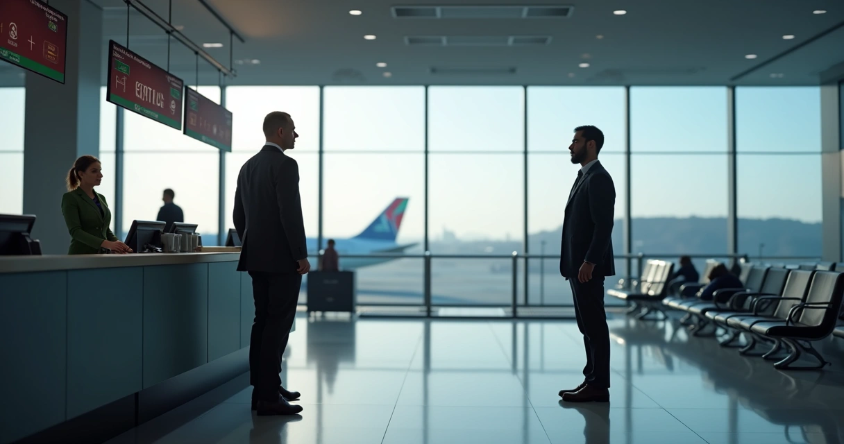 Passenger talking to airline staff at service desk inside modern airport terminal 