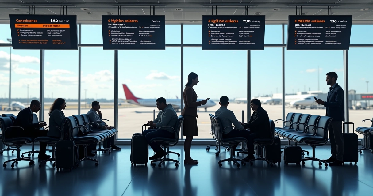 Passengers waiting at airport gate with information screens and seating area 