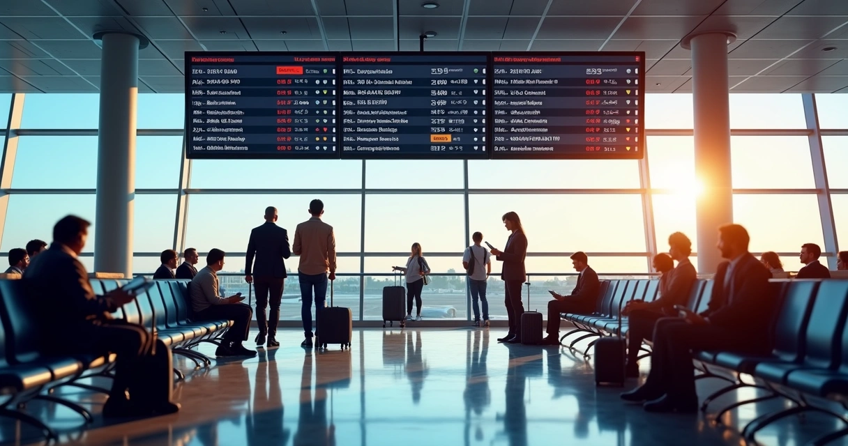Passengers waiting at airport terminal with delayed flight information displayed on screen 