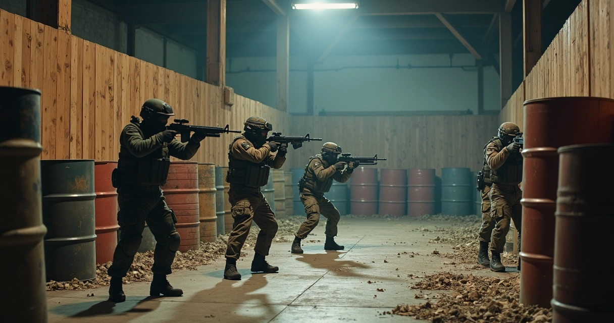 Jogadores de airsoft em campo indoor com obstáculos de madeira 