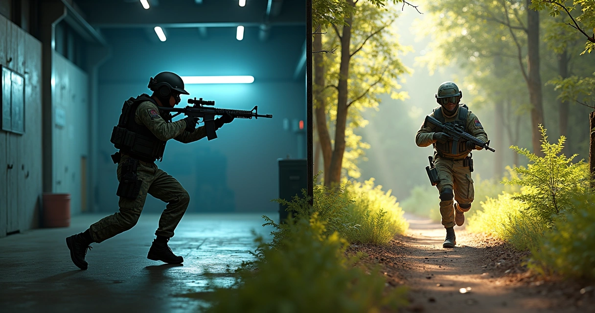 Comparação realista de jogadores de airsoft em ambientes indoor e outdoor, com equipamentos e armas 