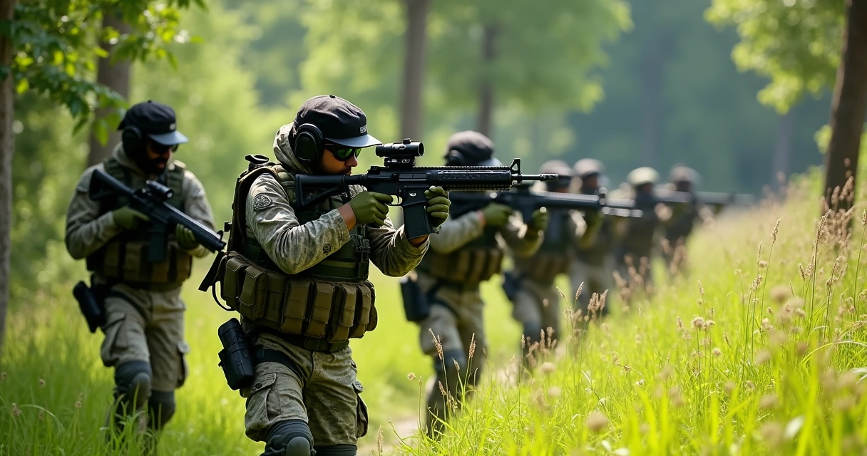 Grupo praticando airsoft outdoor com equipamentos e boinas 