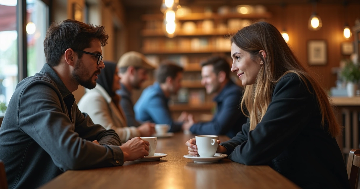 Dois amigos conversando em uma cafeteria