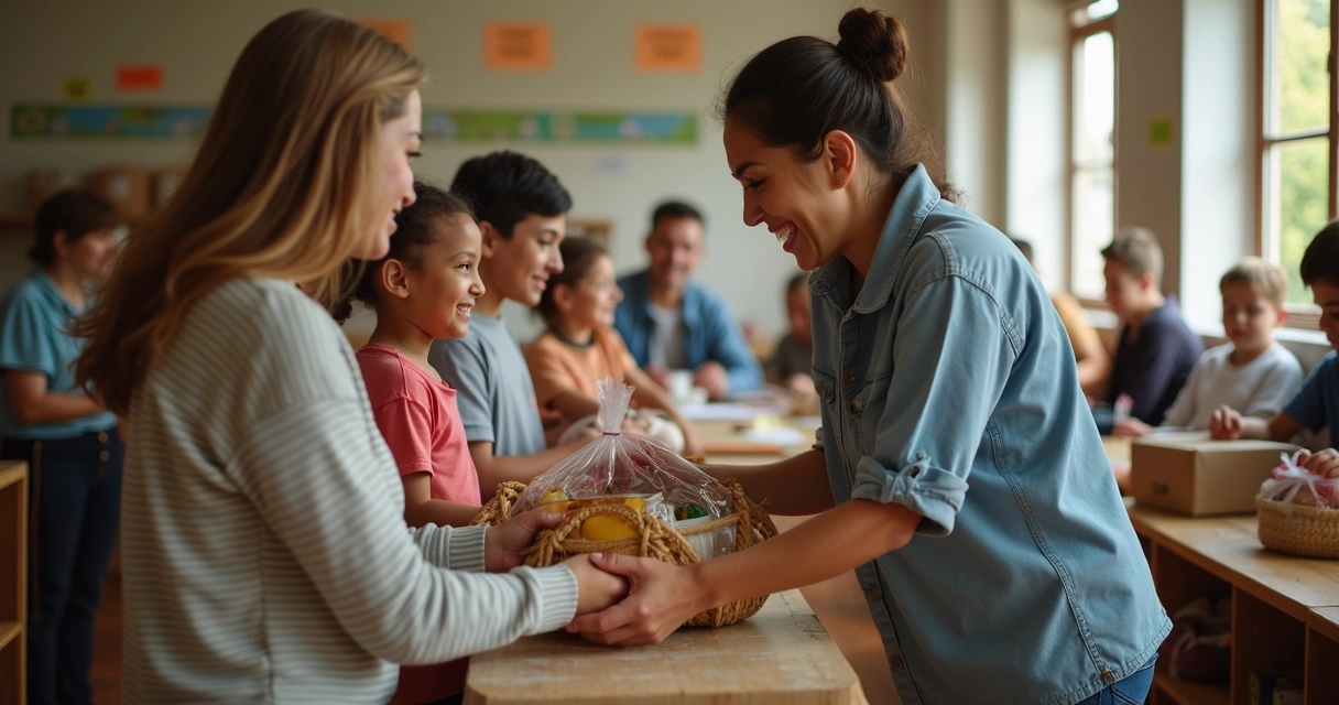 Pessoa entregando cestas básicas a uma família durante ação social 
