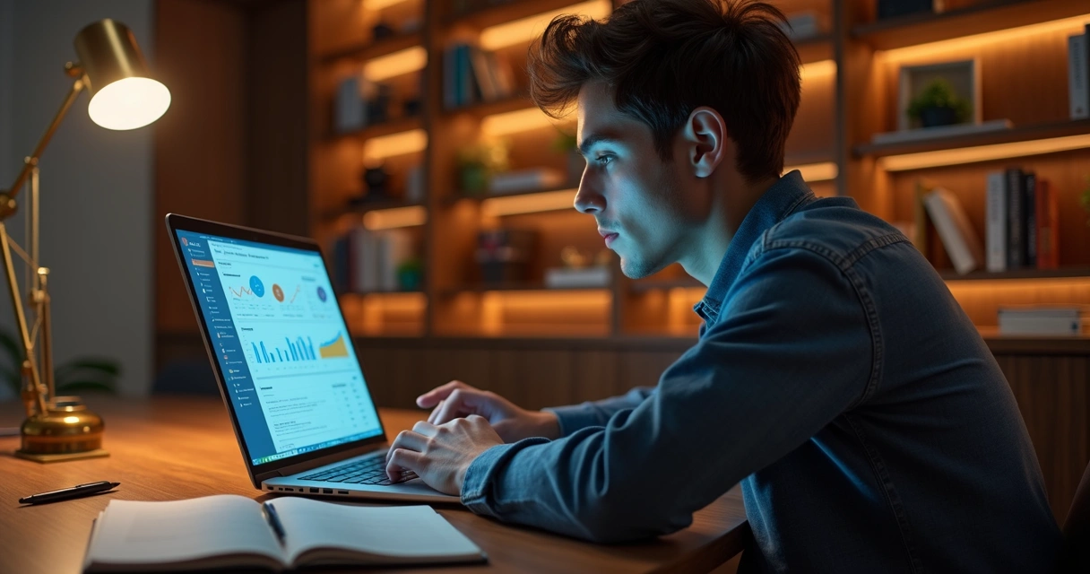 Pessoa lendo conteúdo educativo sobre finanças no notebook 