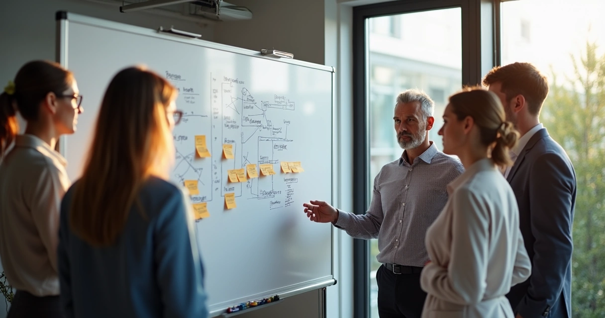 Colaboradores diversos apoiando-se enquanto um deles compartilha suas ideias em um quadro branco. 