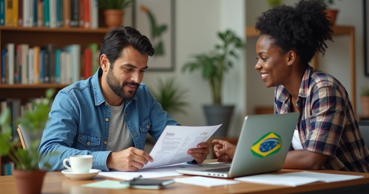 Brasileiro recebendo ajuda em português para preencher documentos fiscais nos EUA 