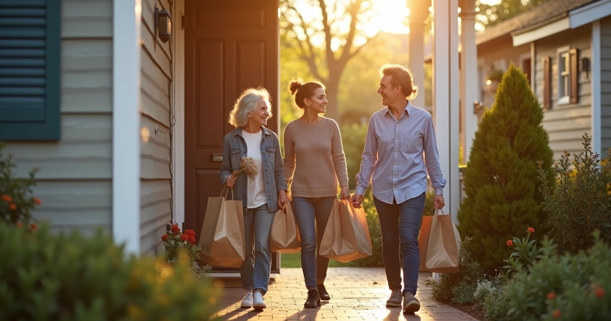 Pessoas ajudando um vizinho idoso com sacolas na porta de casa 