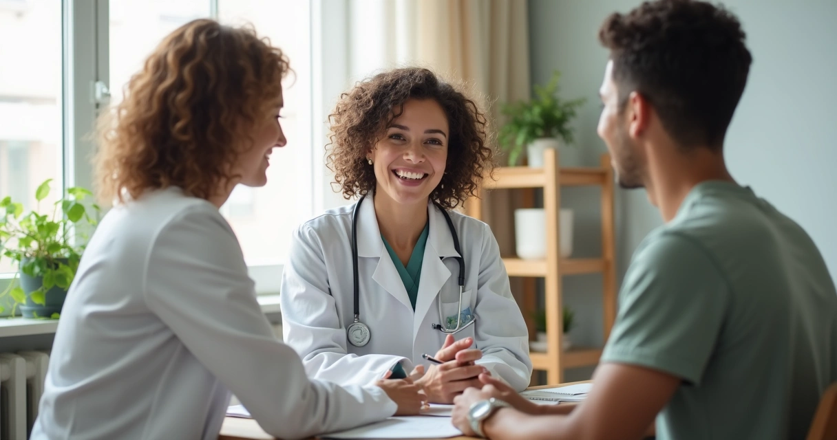 Profissional da saúde conversando com paciente em consultório acolhedor 