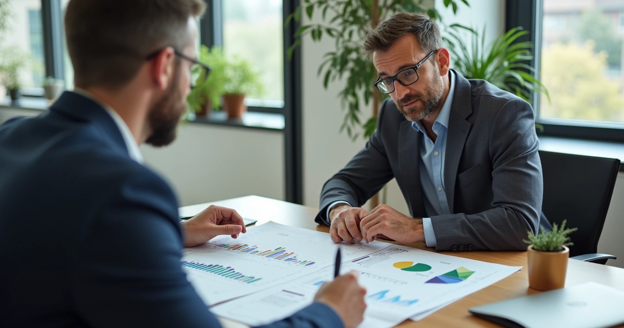 Consultor financeiro analisando relatórios junto a empresário em sala de reunião 