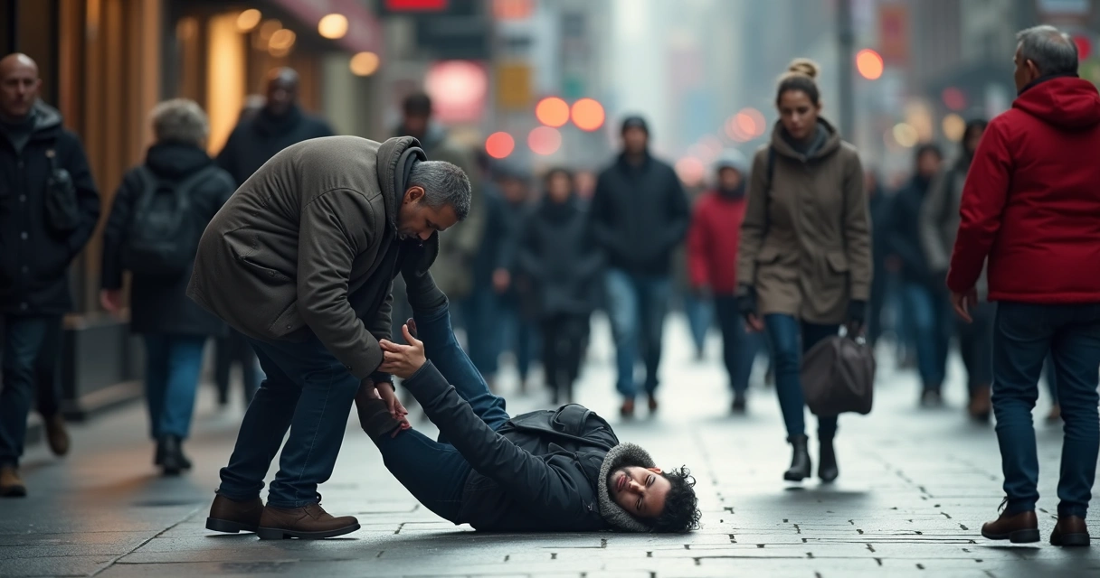 Pessoa ajudando outra a se levantar na rua 