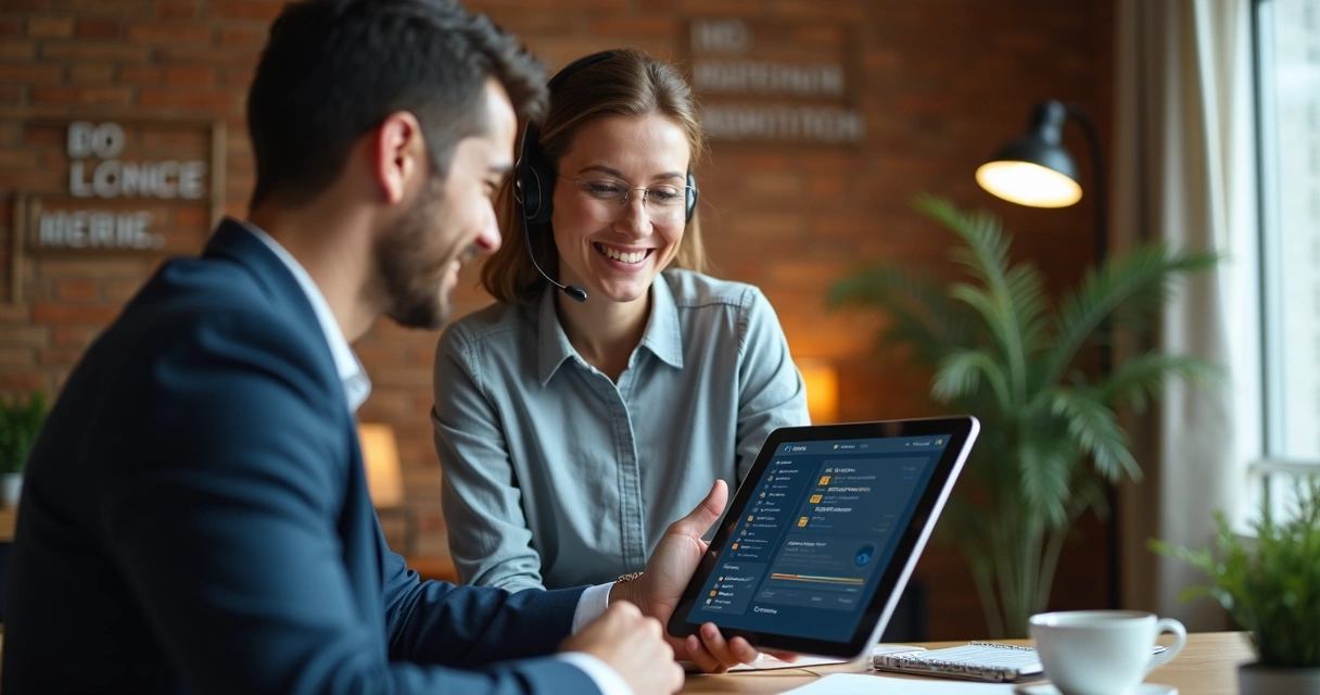 Uma atendente sorrindo segura um tablet enquanto um cliente mostra dúvidas na tela 
