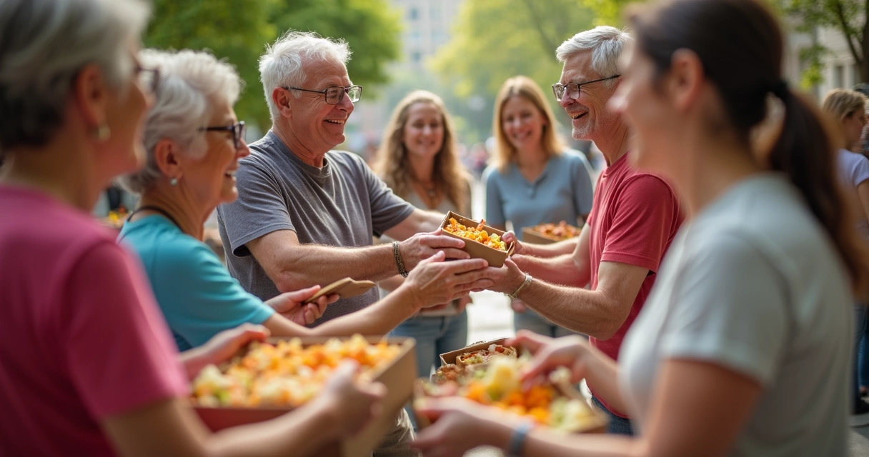 Pessoas de diferentes idades participando de uma ação de voluntariado em uma praça, trocando abraços e distribuindo alimentos 