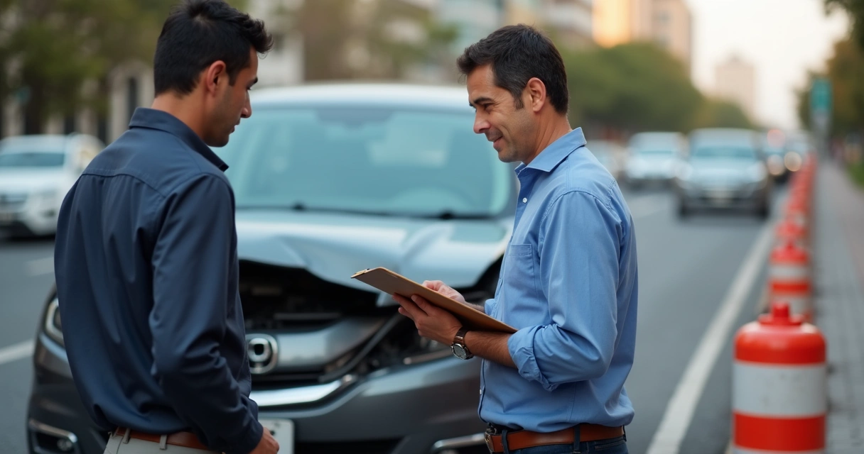Ajustador de seguros revisando daños de un auto accidentado 