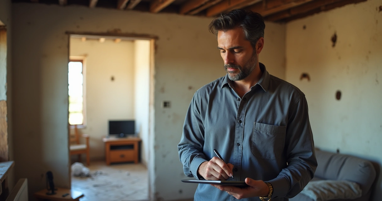 Ajustador de seguros inspeccionando daños en una casa y escribiendo en una tableta 