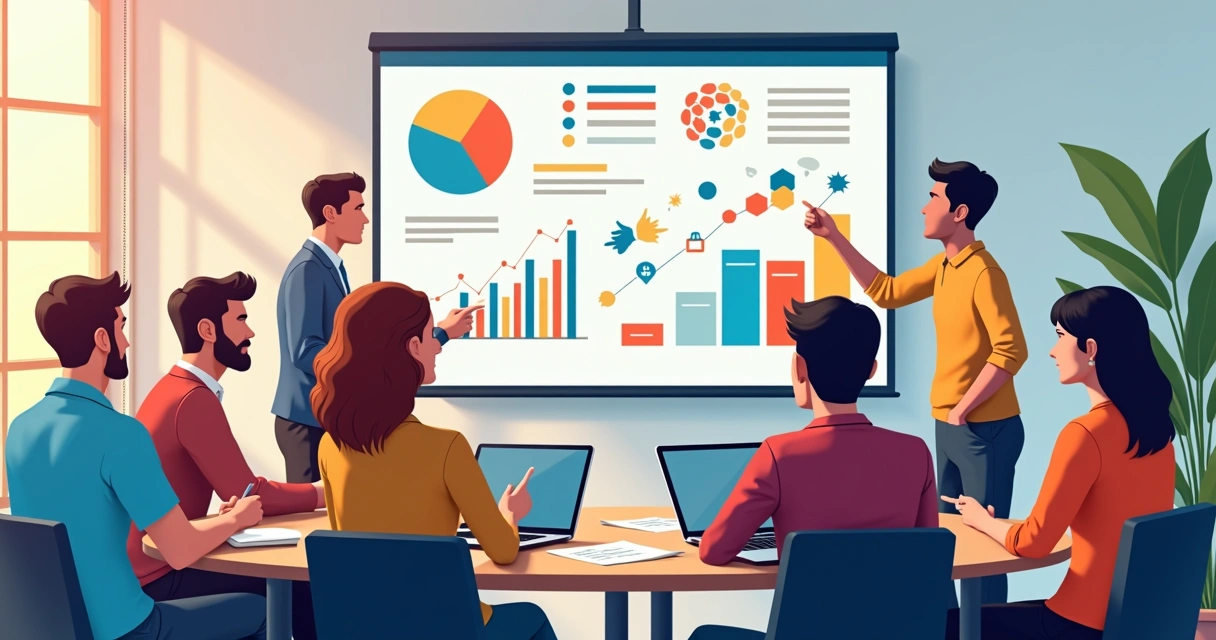 Reunião de equipe fazendo ajustes em estratégias de comunicação visualizadas em monitor 