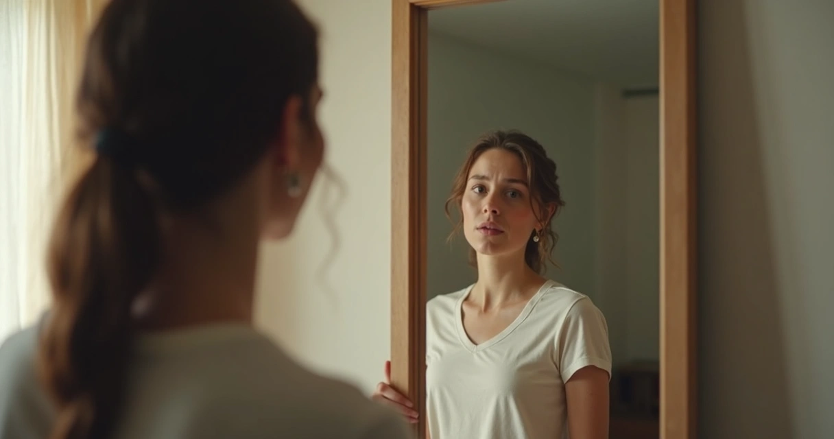 Duas pessoas olhando para o próprio reflexo em espelho, uma aparentando dúvida, outra confiança 